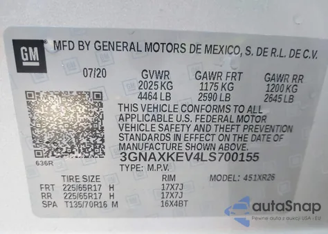 2020 Chevrolet Equinox Fwd Lt 1.5L Turbo z USA, uszkodzony, nr VIN 3GNAXKEV4LS700155